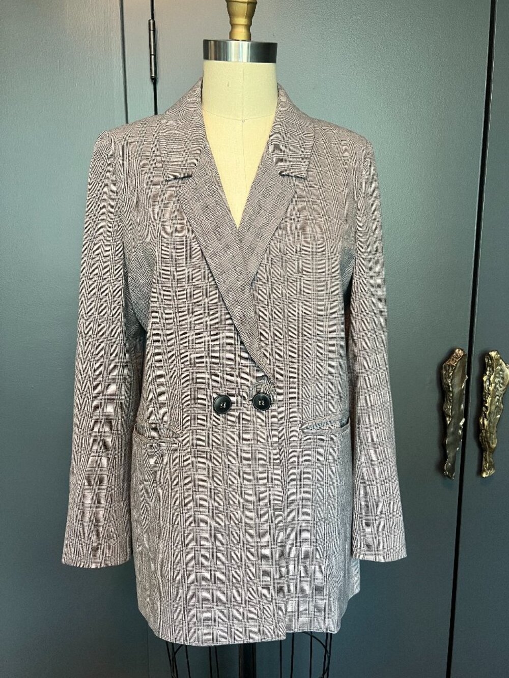 ANINE BING Madeleine Checked Blazer Mauve Taupe Double Breasted